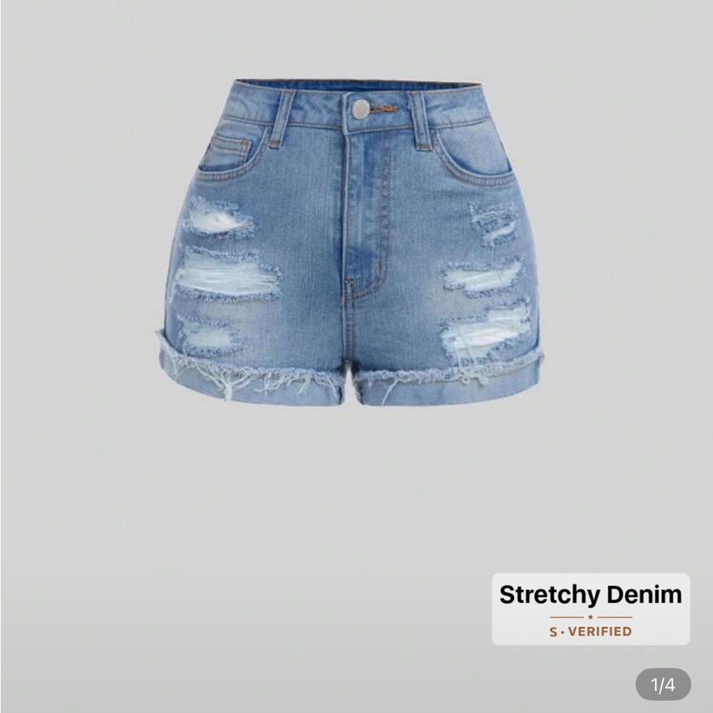SHEIN Light Blue Distressed Jean denim Shorts - Picture 4 of 7